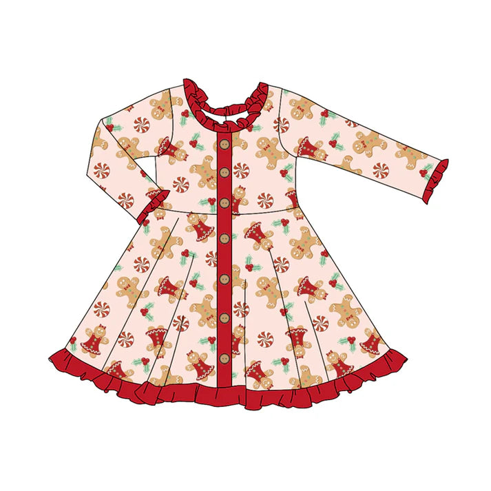 Preorder (moq 5)Baby Girls Red Long Ruffle Sleeves Button Gingerbread Knee Length Dresses 6.2