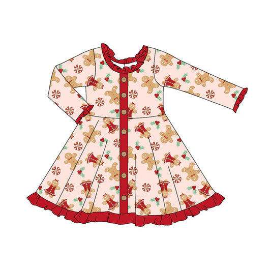 Preorder (moq 5)Baby Girls Red Long Ruffle Sleeves Button Gingerbread Knee Length Dresses 6.2