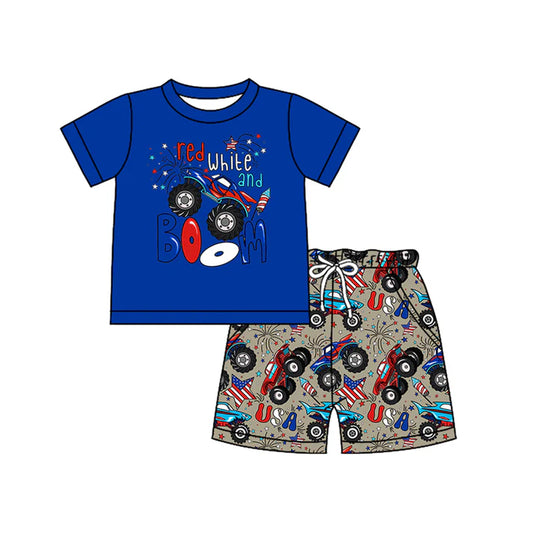 Preorder moq 5 Baby Boys Hot Blue Short Sleeves Stars Firework Top Pockets Shorts 4th Of July Set 4.14