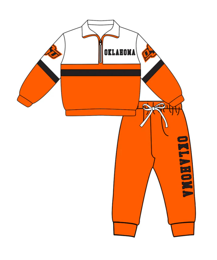 Preorder (moq 5)Baby Boys Orange Oklahoma Zipper Pullover Jogger Pants Team Clothes Set 1.7