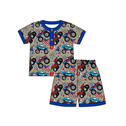 Preorder moq 5 Baby Boys Short Sleeves Stars Firework Button Top Shorts 4th Of July Pajamas Set 4.14