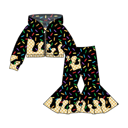 Preorder (moq 5)Baby Girls Black Long Sleeves Drip Zipper Jacket Top Bell Bottom Pant Team Clothes Sets 8.5