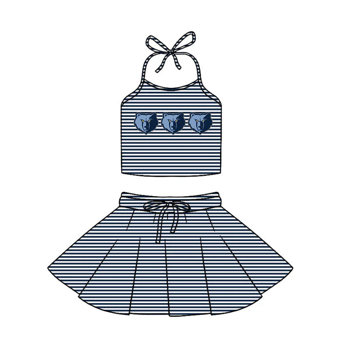Preorder (moq 5)Baby Girls Strap Black Stripe Bears Vest Top Skirt Shorts 2 Piece Team Swimsuits 12.29