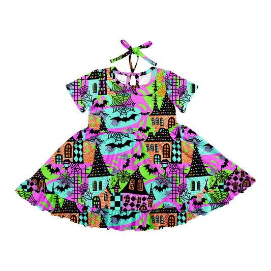 Preorder (moq 5)Baby Girls Halloween Bats Houses Twirl Knee Length Dresses 6.14