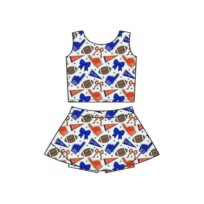 Preorder moq 5 Baby Girls Sleeveless Hot Blue Football Cheer Vest Top Skorts Team Set 7.11