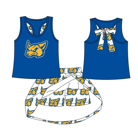 Preorder (moq 5)Baby Girls Blue Fox vest team Top Skirt Skort Sets 8.12