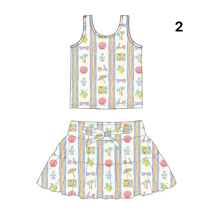 Preorder (moq 5)Baby Girls Beach Shells Stripe Vests Top Skirt Shorts Clothes Sets 1.14