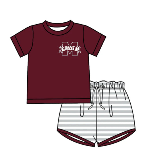Preorder (moq 5)Baby Boys Red M State Top Grey Stripe Shorts Team Clothes Sets 12.27