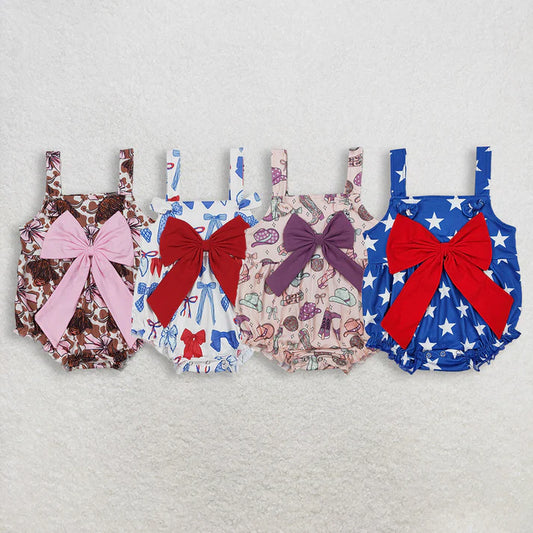 Sibling Baby Girls Strap Western Cows 4th of July Bow Top Ruffle Rompers