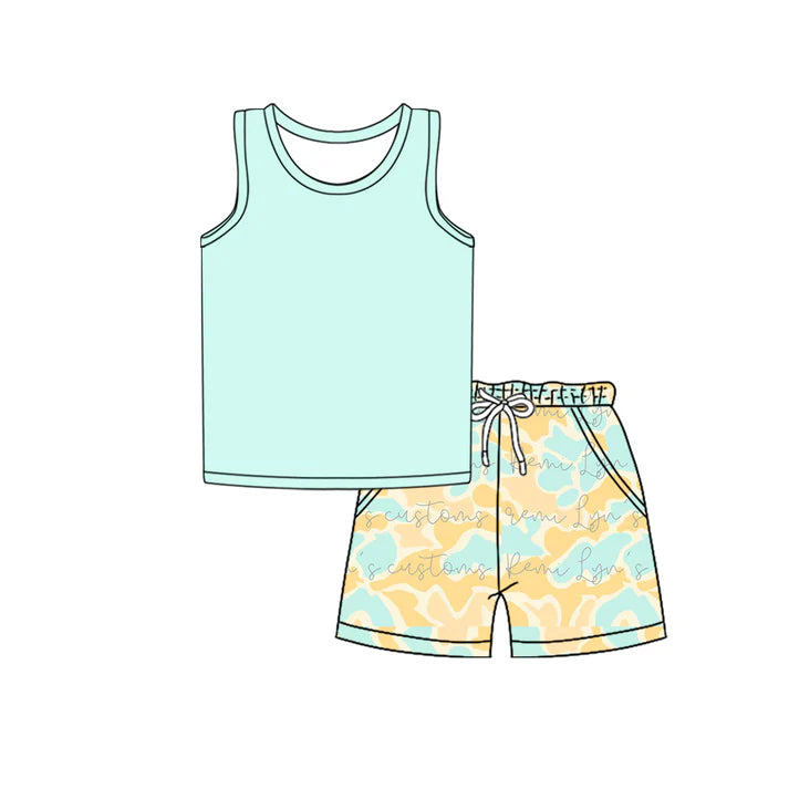 Preorder moq 5 Baby Boys Sleeveless Vest Top Light Blue Yellow Camo Pockets Short Set 4.17