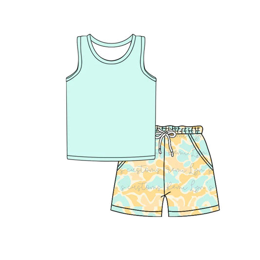 Preorder moq 5 Baby Boys Sleeveless Vest Top Light Blue Yellow Camo Pockets Short Set 4.17