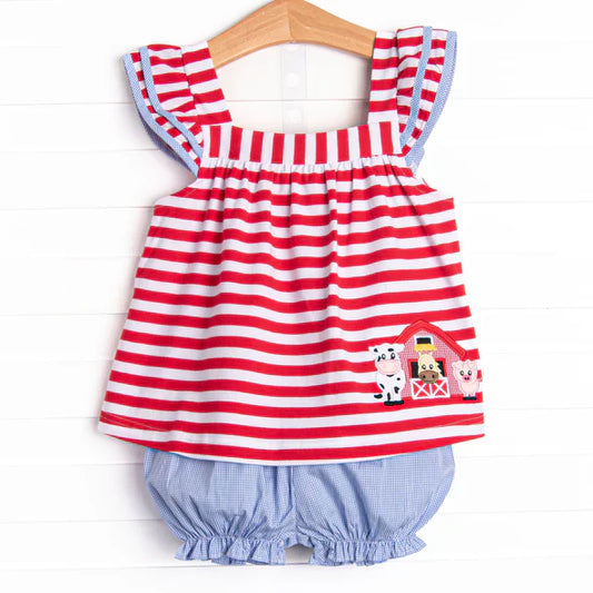 Preorder moq 5 Baby Girls Red Stripe Flutter Sleeves Cows House Tunic Blue Ruffle Short Farm Set 4.30