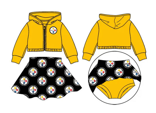 preorder(moq 5) Baby Girls Steelers Team Hooded Top Bummie Skirts Clothes Sets 8.13