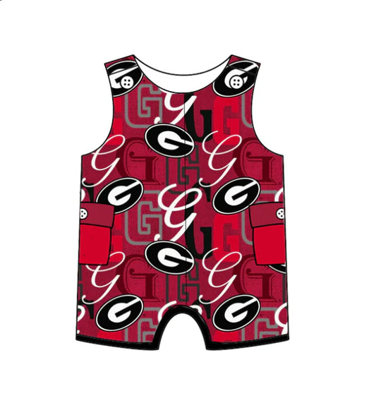 Preorder (moq 5)Baby Girls Red Sleeveless G Team Shorts Rompers 6.17