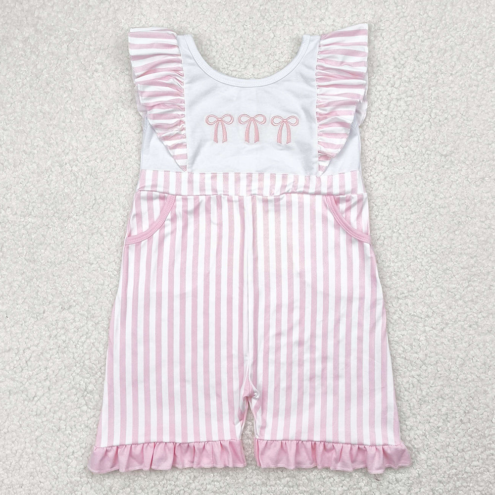 Embroidery Baby Girls Rompers Flutter Sleeves Pink Bows Pockets Jumpsuits SR3025 4.28