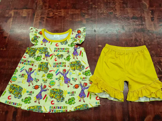 Preorder moq 5 Baby Girls Yellow Flutter Sleeves Cartoon Back To School Tunic Ruffle Shorts Set 5.7
