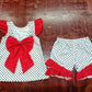Preorder moq 5 Baby Girls Red Flutter Sleeves Polka Dots Dog Bow Tunic Ruffle Short Set 5.7