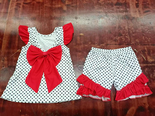 Preorder moq 5 Baby Girls Red Flutter Sleeves Polka Dots Dog Bow Tunic Ruffle Short Set 5.7