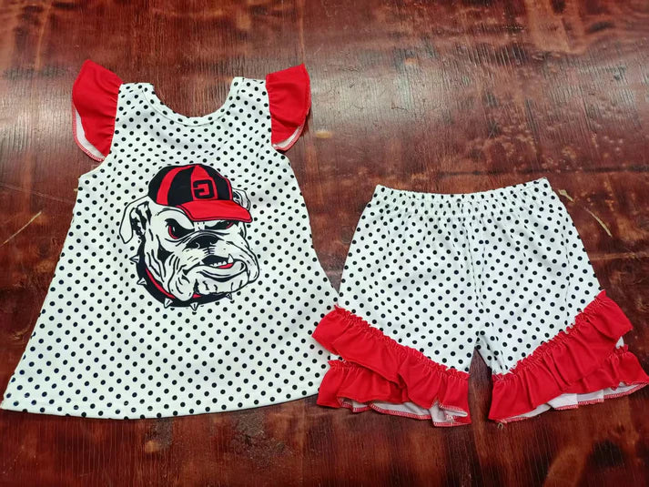 Preorder moq 5 Baby Girls Red Flutter Sleeves Polka Dots Dog Bow Tunic Ruffle Short Set 5.7