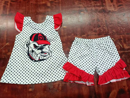 Preorder moq 5 Baby Girls Red Flutter Sleeves Polka Dots Dog Bow Tunic Ruffle Short Set 5.7