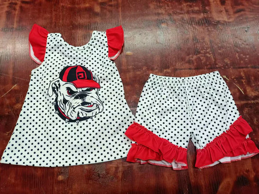 Preorder moq 5 Baby Girls Red Flutter Sleeves Polka Dots Dog Bow Tunic Ruffle Short Set 5.7
