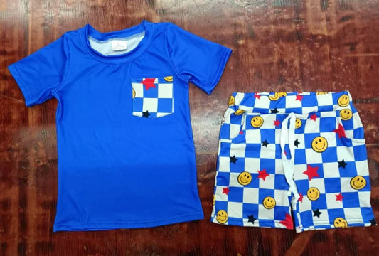 Preorder moq 5 Baby Boys Hot Blue Short Sleeves Pocket Top Smiles Stars Pockets Short Set 5.7