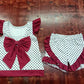 Preorder moq 5 Baby Girls Dark Red Flutter Sleeves Polka Dots C Bow Tunic Ruffle Short Set 5.7