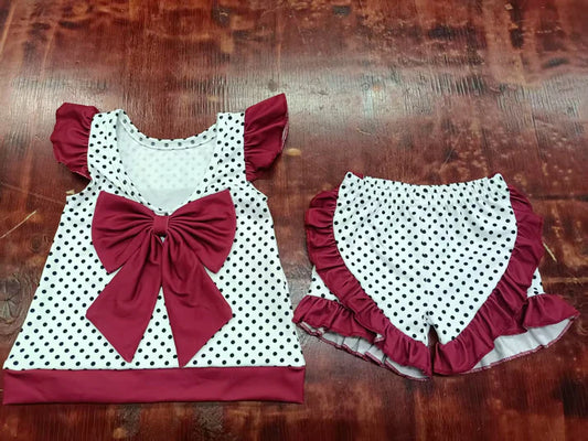 Preorder moq 5 Baby Girls Dark Red Flutter Sleeves Polka Dots C Bow Tunic Ruffle Short Set 5.7