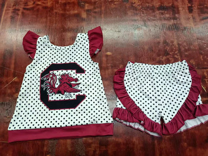 Preorder moq 5 Baby Girls Dark Red Flutter Sleeves Polka Dots C Bow Tunic Ruffle Short Set 5.7