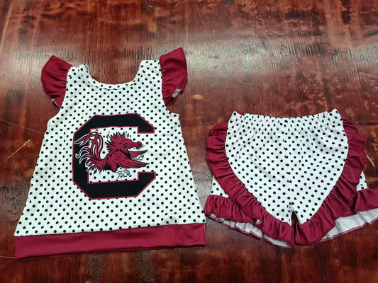 Preorder moq 5 Baby Girls Dark Red Flutter Sleeves Polka Dots C Bow Tunic Ruffle Short Set 5.7