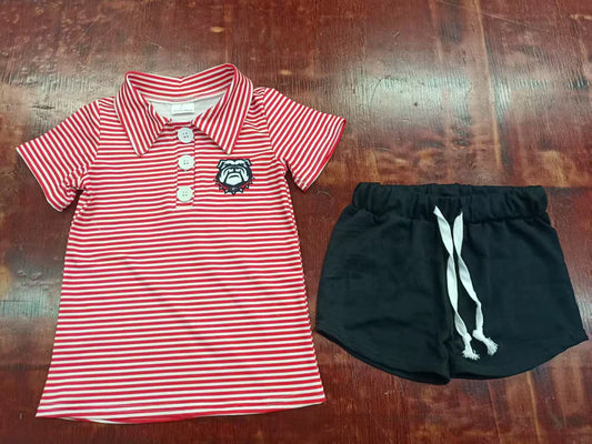 Preorder moq 5 Baby Boys Red Stripe Dog Button Pullovers Top Black Short Set 5.7