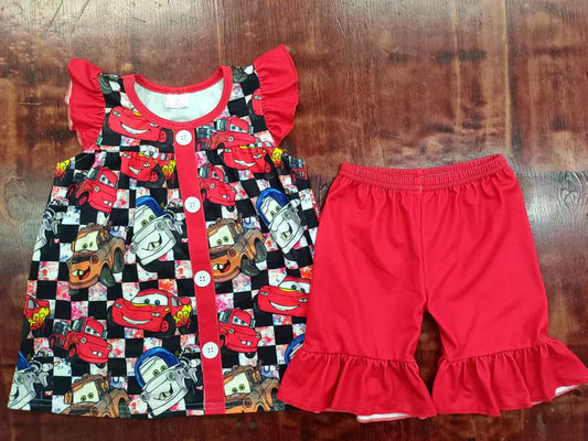 Preorder moq 5 Baby Girls Red Flutter Sleeves Cartoon Cars Button Ruffle Short Set 5.7