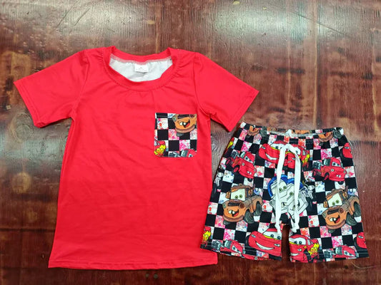 Preorder moq 5 Baby Boys Red Short Sleeves Pocket Top Cartoon Cars Short With Belt Set 5.7