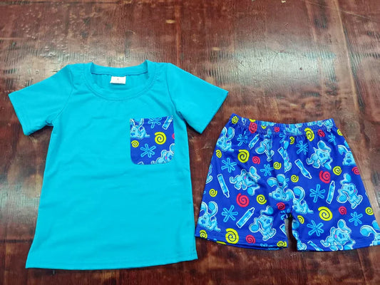 Preorder moq 5 Baby Boys Blue Short Sleeves Pocket Top Back To School Short Set 5.7