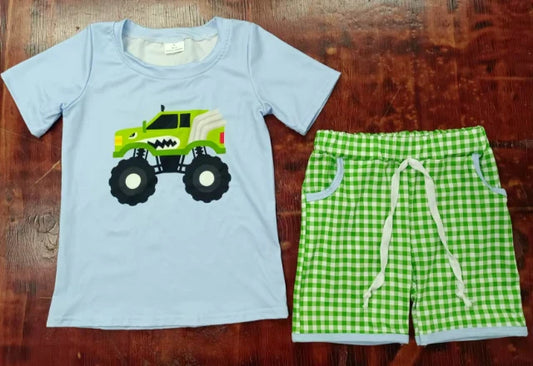 Preorder moq 5 Baby Boys Light Blue Short Sleeves Motor Top Green Plaid Pockets Short Set 5.8
