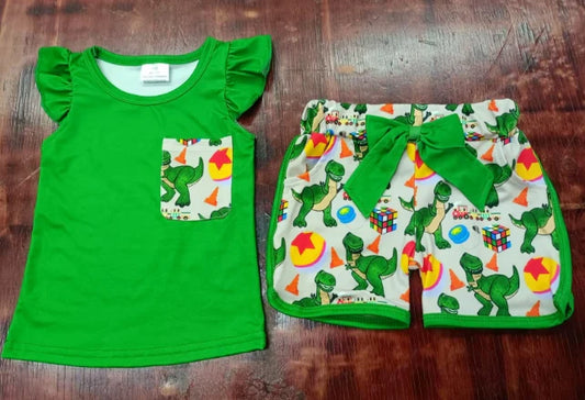 Preorder moq 5 Baby Girls Green Flutter Sleeves Pocket Top Bow Dinosaurs Short Set 5.8