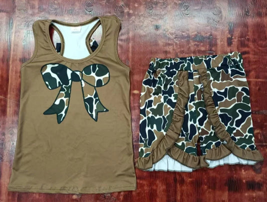 Preorder moq 5 Baby Girls Sleeveless Olive Camo Bows Vests Top Ruffle Short Set 5.8