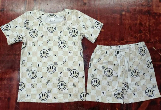 Preorder moq 5 Baby Girls Khaki Plaid Smiles Lightning Top Short Pajamas Set 5.8