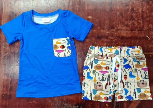 Preorder moq 5 Baby Boys Hot Blue Pocket Top Fishing Short Set 5.8