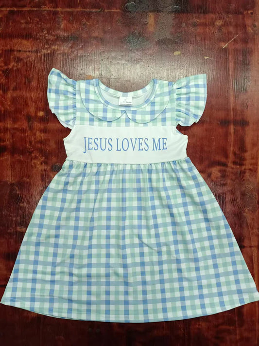 Preorder moq 5 Baby Girls Blue Plaid Flutter Sleeves Jesus Loves Me Knee Length Dresses 5.9