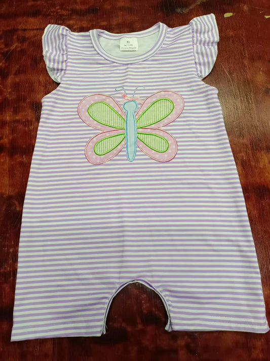 Preorder moq 5 Baby Girls Lavender Stripe Flutter Sleeves Butterfly Pant Rompers 5.9