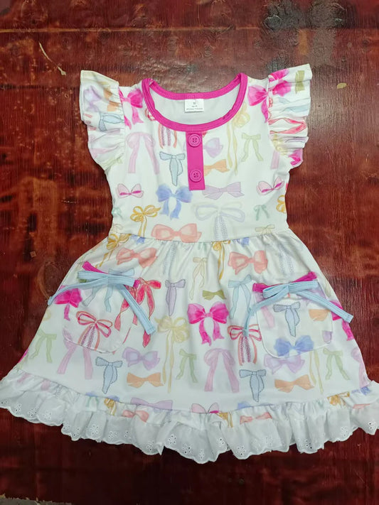 Preorder moq 5 Baby Girls Flutter Sleeves Button Colorful Bows Pockets Knee Length Dresses 5.9