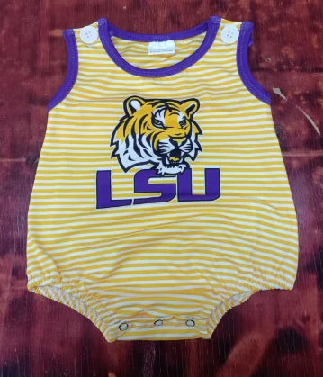 Preorder moq 5 Baby Boys Orange Stripe Sleeveless LSU Tiger Team Rompers 5.9