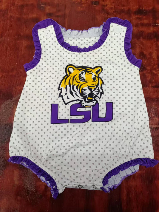 Preorder moq 5 Baby Girls Sleeveless Polka Dots LSU Tiger Ruffle Rompers 5.9