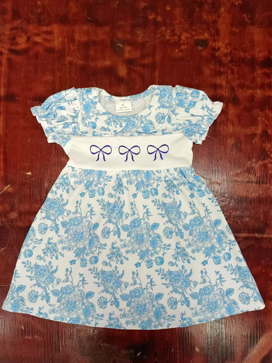 Preorder moq 5 Baby Girls Blue Short Ruffle Sleeves Bows Floral Knee Length Dresses 5.9