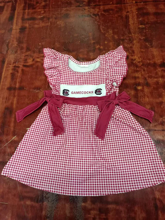 Preorder moq 5 Baby Girls Red Plaid Flutter Sleeves Gamecocks Bows Knee Length Dresses 5.9
