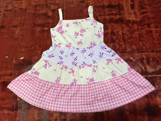 Preorder moq 5 Baby Girls Strap Flowers Plaid Patchwork Knee Length Dresses 5.9