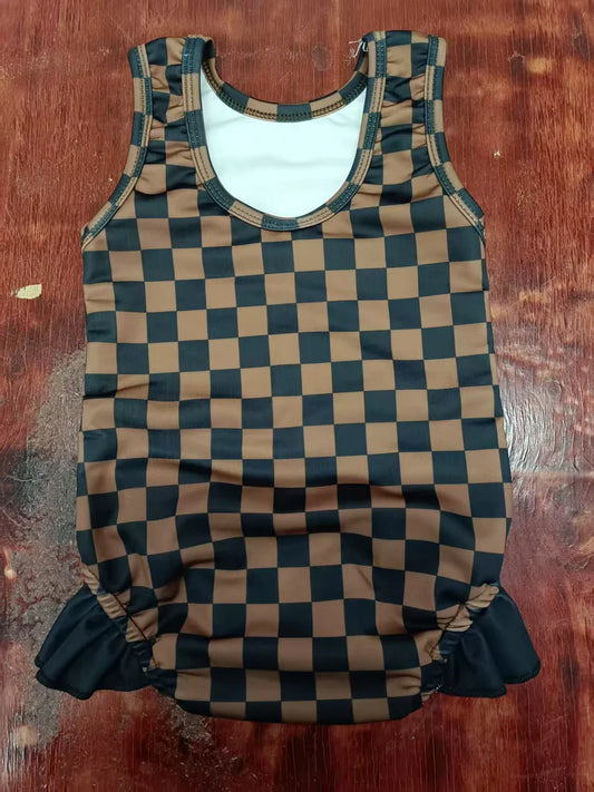 Preorder moq 5 Baby Girls Black Khaki Plaid Sleeveless Ruffle One Pieces Swimsuits 5.9