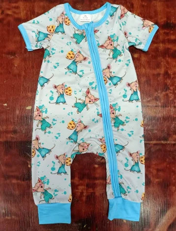 Preorder moq 5 Baby Boys Blue Short Sleeves Mouses Zipper Pant Rompers 5.9
