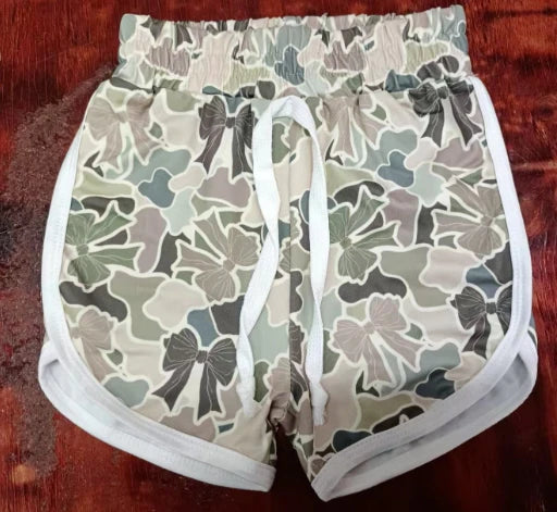 Preorder moq 5 Baby Girls Brown Khaki Camo Bows Shorts Bottoms 5.9